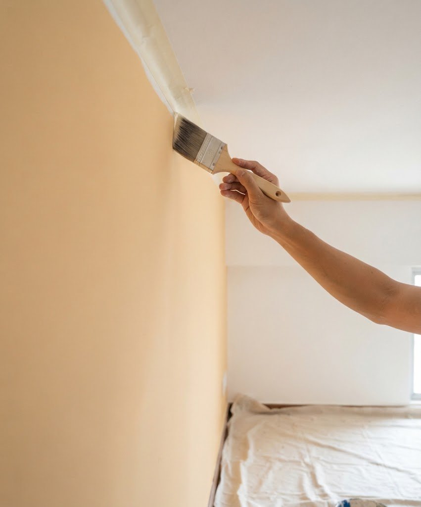 Sujaya painter cutting in a neat edge in a sunlit room